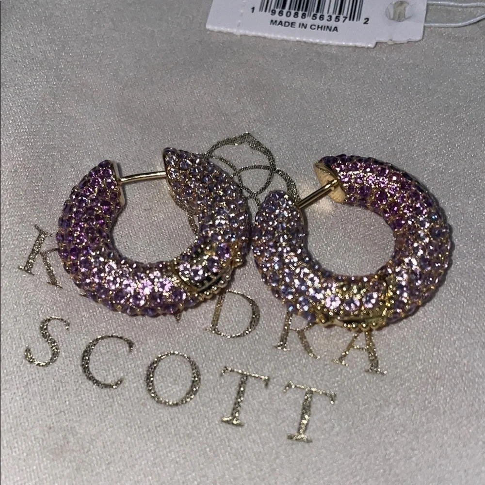 Kendra Scott Mikki Gold Pave Hoop Earrings in Purple Mauve - Picture 6 of 14